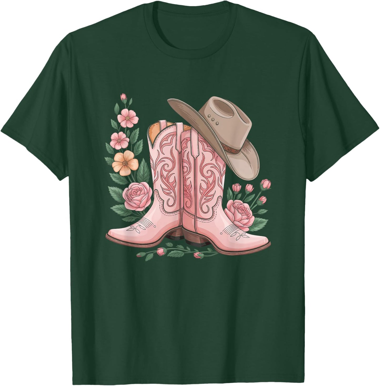 Cowboy Boot Western Country Cowgirl Flowers Girl Pink Woman T-Shirt - T-Shirt | Forest