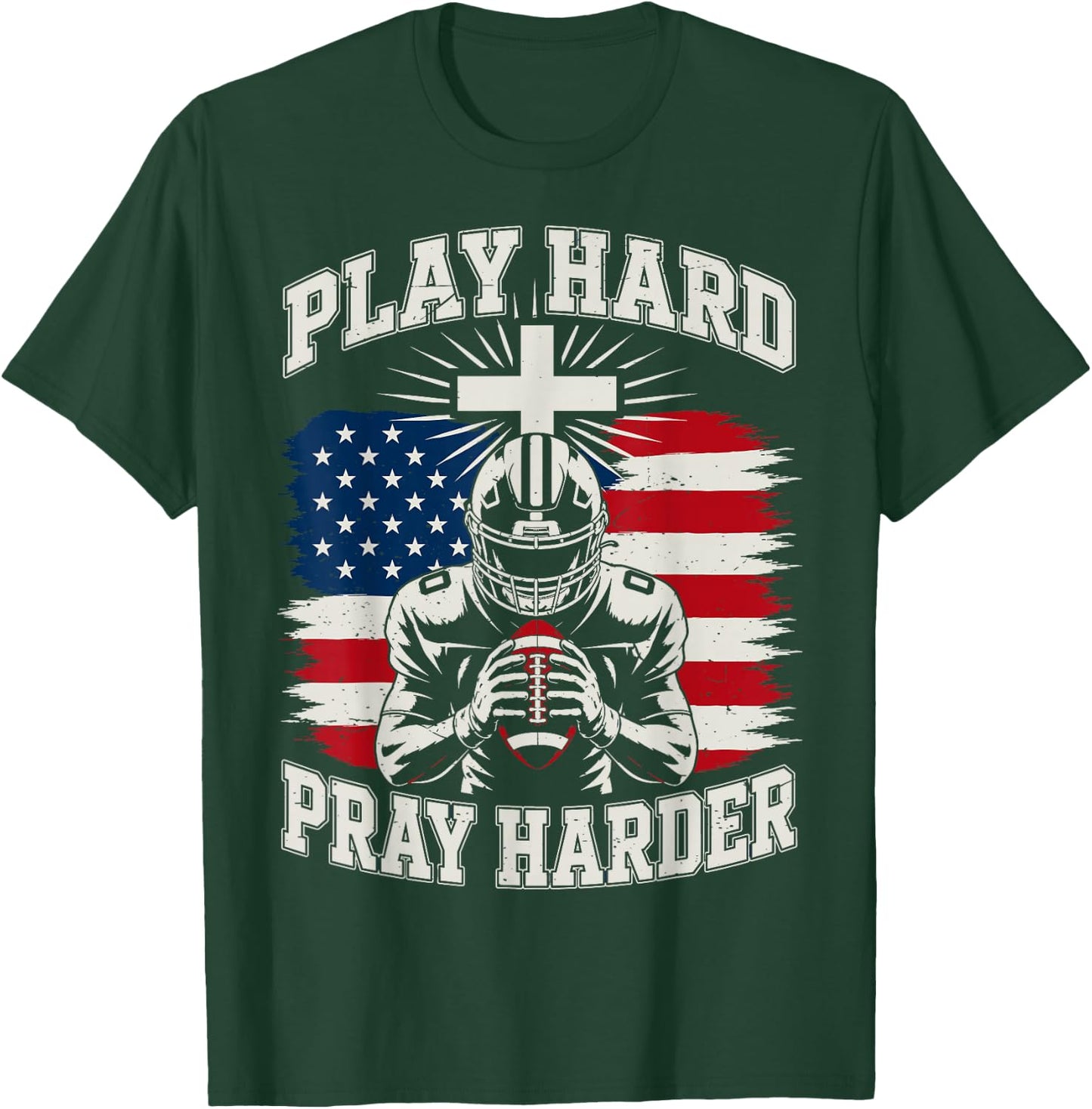 Youth Christian Football Play Hard Pray Harder American Flag T-Shirt - T-Shirt | Forest