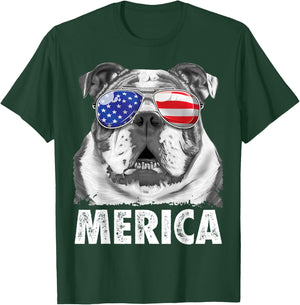 English Bulldog 4th of July Merica Men Women USA Flag Retro T-Shirt - T-Shirt | Forest
