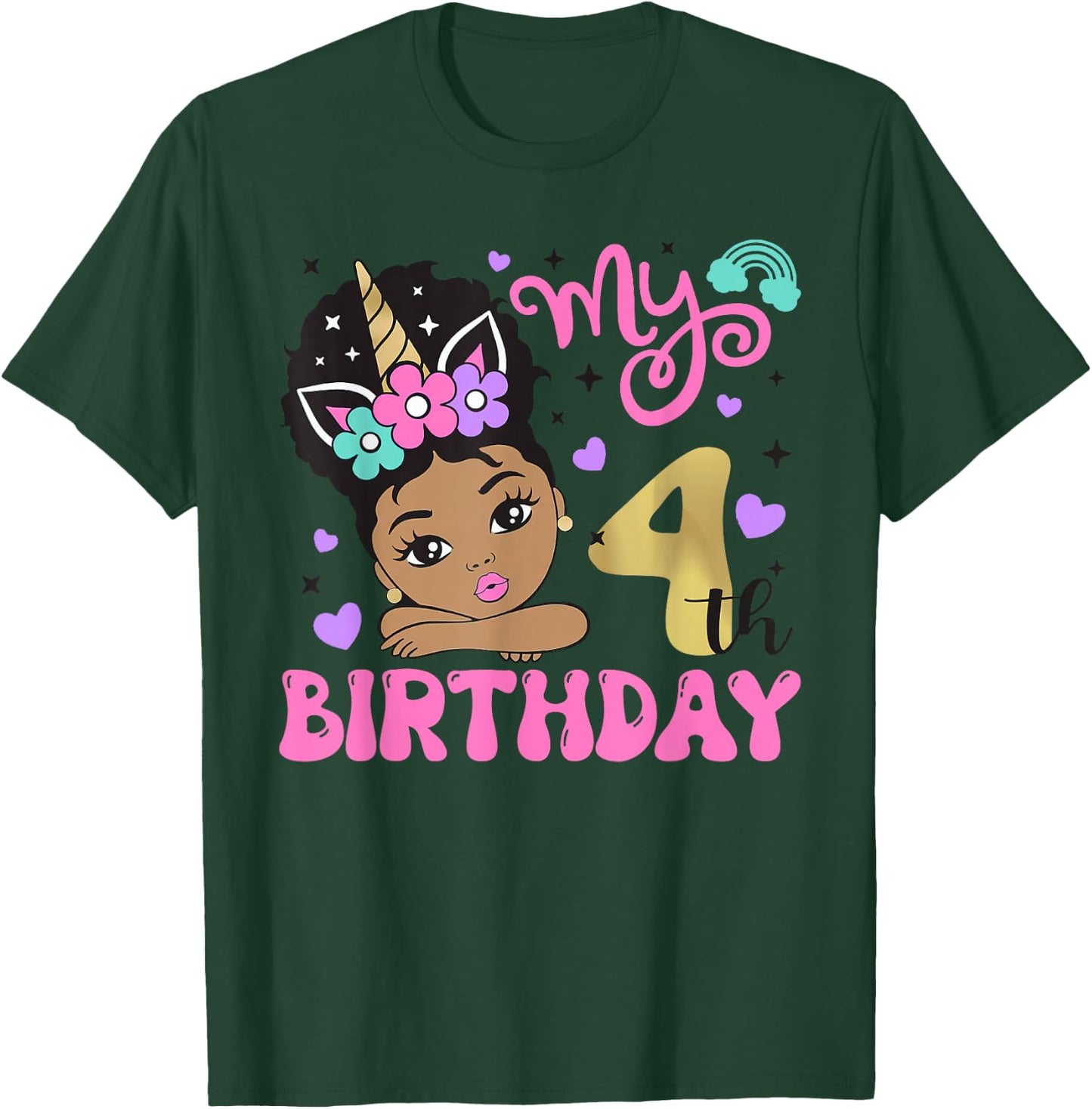 It's My 4th Birthday Black Girl 4 Years Old Melanin Kids T-Shirt - T-Shirt | Forest