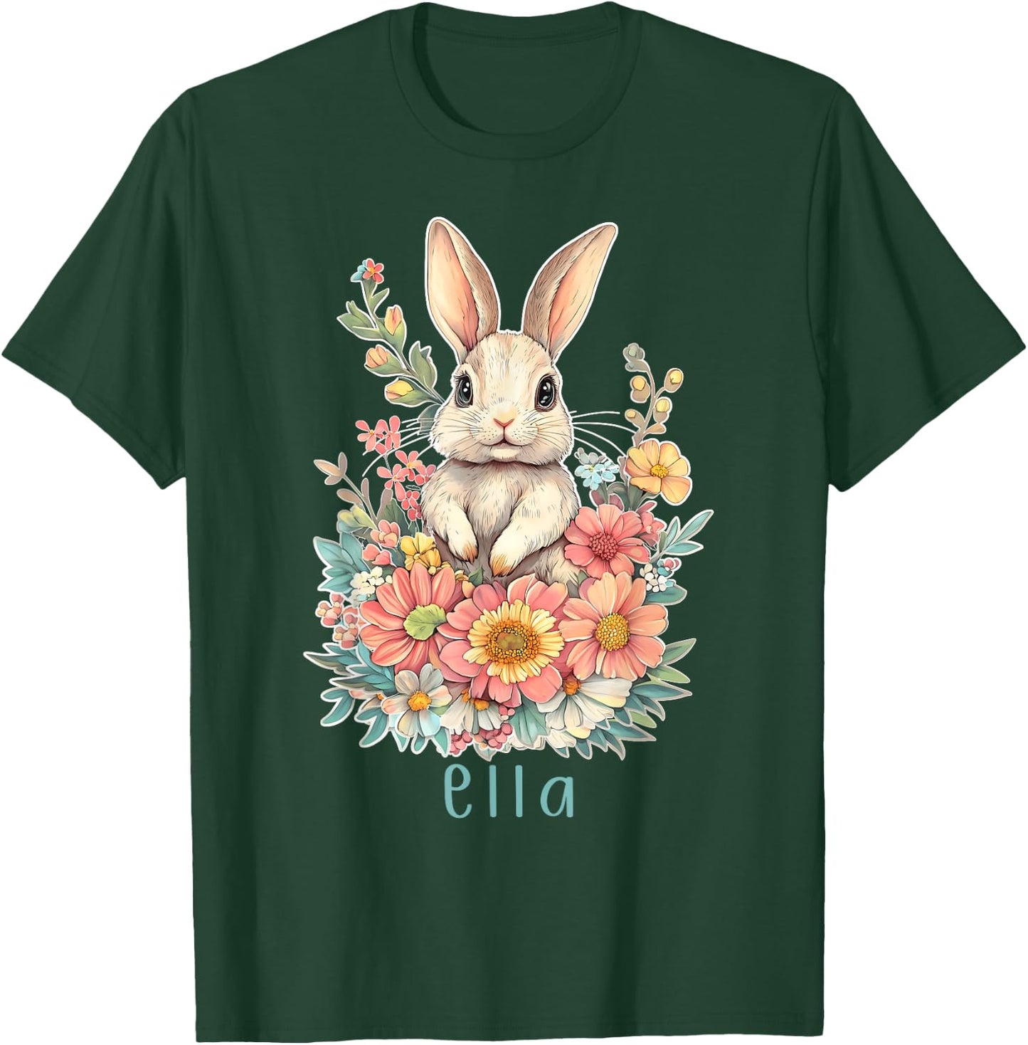 First Name Ella Cute Bunny Flowers Personalized Girl T-Shirt - T-Shirt | Forest