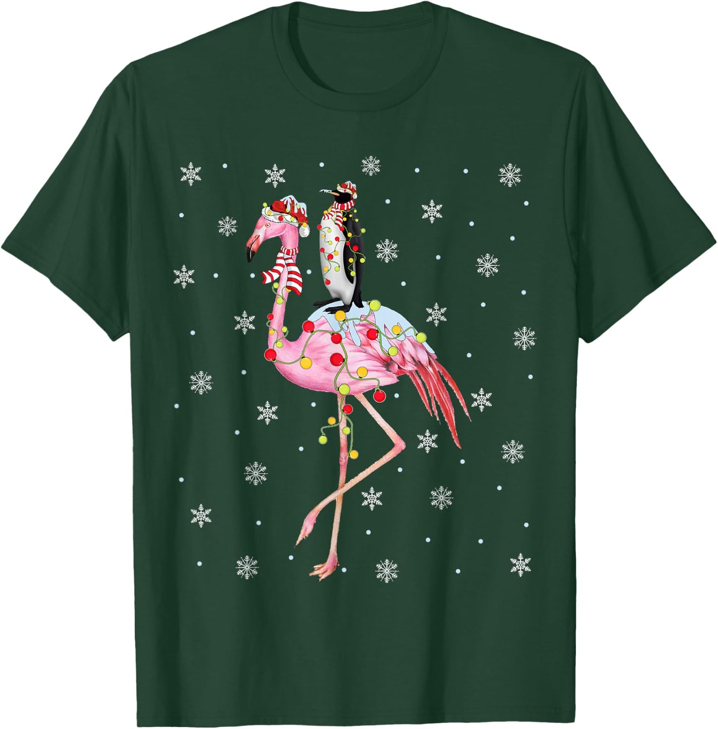 Xmas Lighting Santa Hat Flamingo Riding Penguin Christmas T-Shirt - T-Shirt | Forest