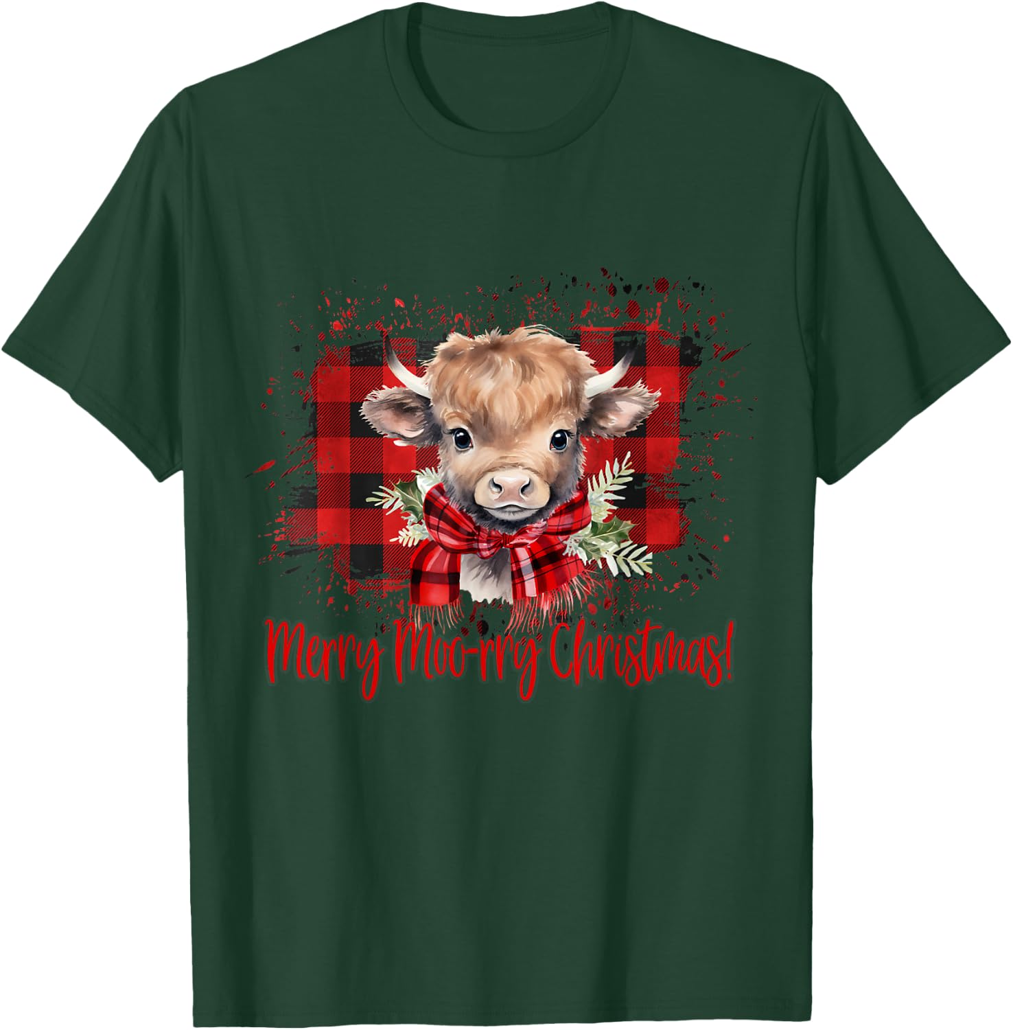 Merry Moo-rry Christmas Buffalo Plaid Highland Cow T-Shirt - T-Shirt | Forest