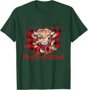 Merry Moo-rry Christmas Buffalo Plaid Highland Cow T-Shirt - T-Shirt | Forest