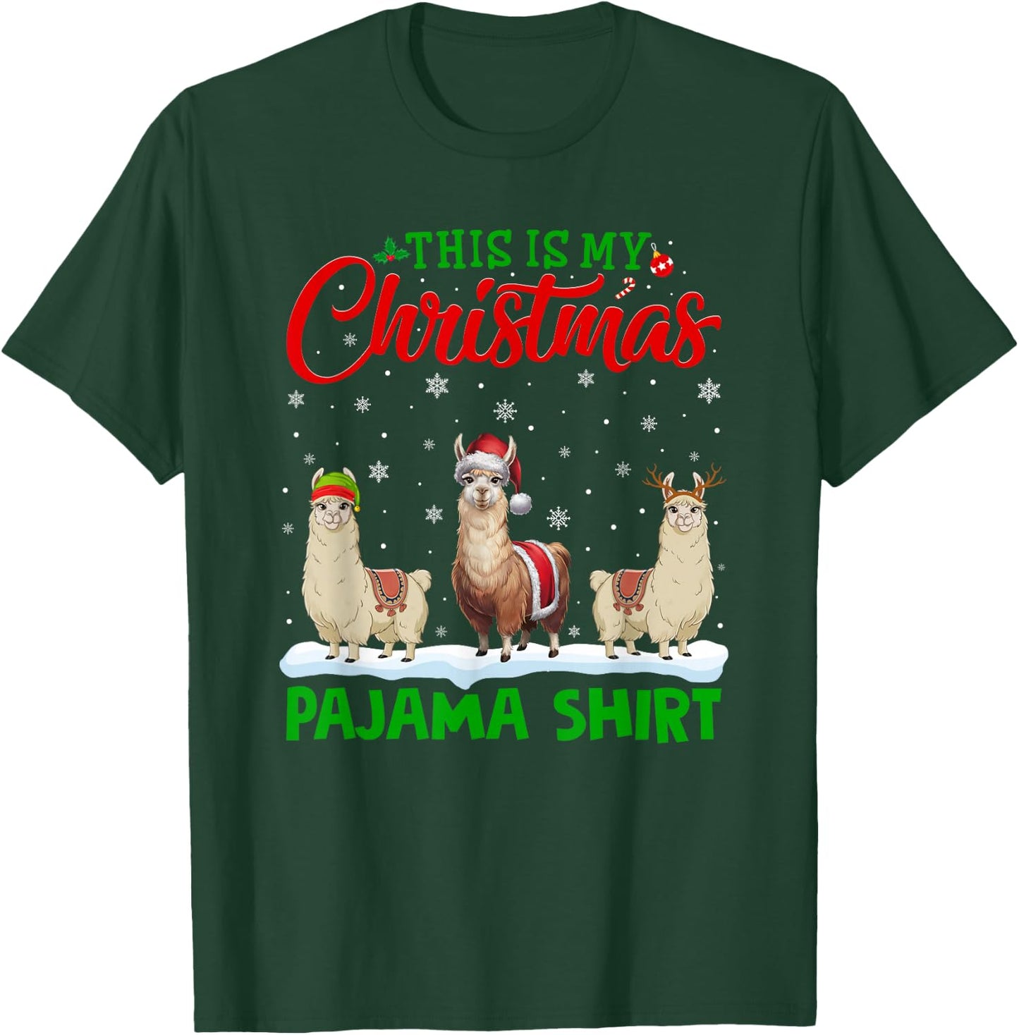 Xmas Santa Hat Reindeer Llama Christmas Pajama T-Shirt - T-Shirt | Forest