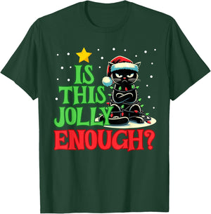 Is This Jolly Enough Funny Black Cat Christmas Tree Lights Men Women Kids T-Shirt - T-Shirt | Forest