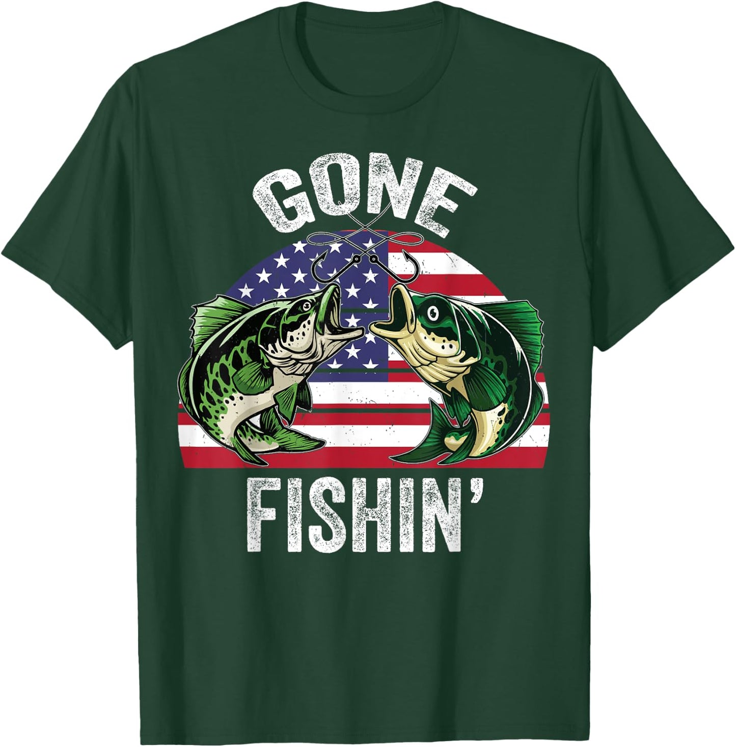 Funny Fishing American Flag-Shirt Gone Fishing Grandpa Dad Kids Men T-Shirt - T-Shirt | Forest