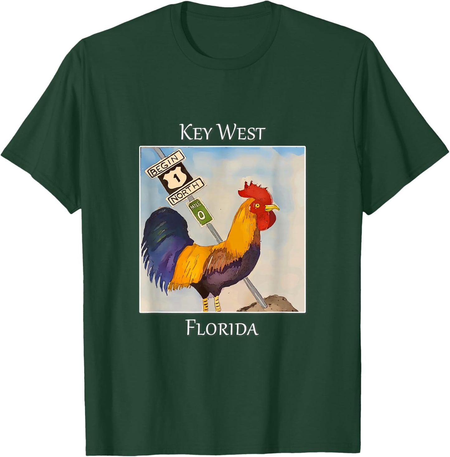Rooster and Mile Marker 0 Famous in Key West, Florida T-Shirt - T-Shirt | Forest
