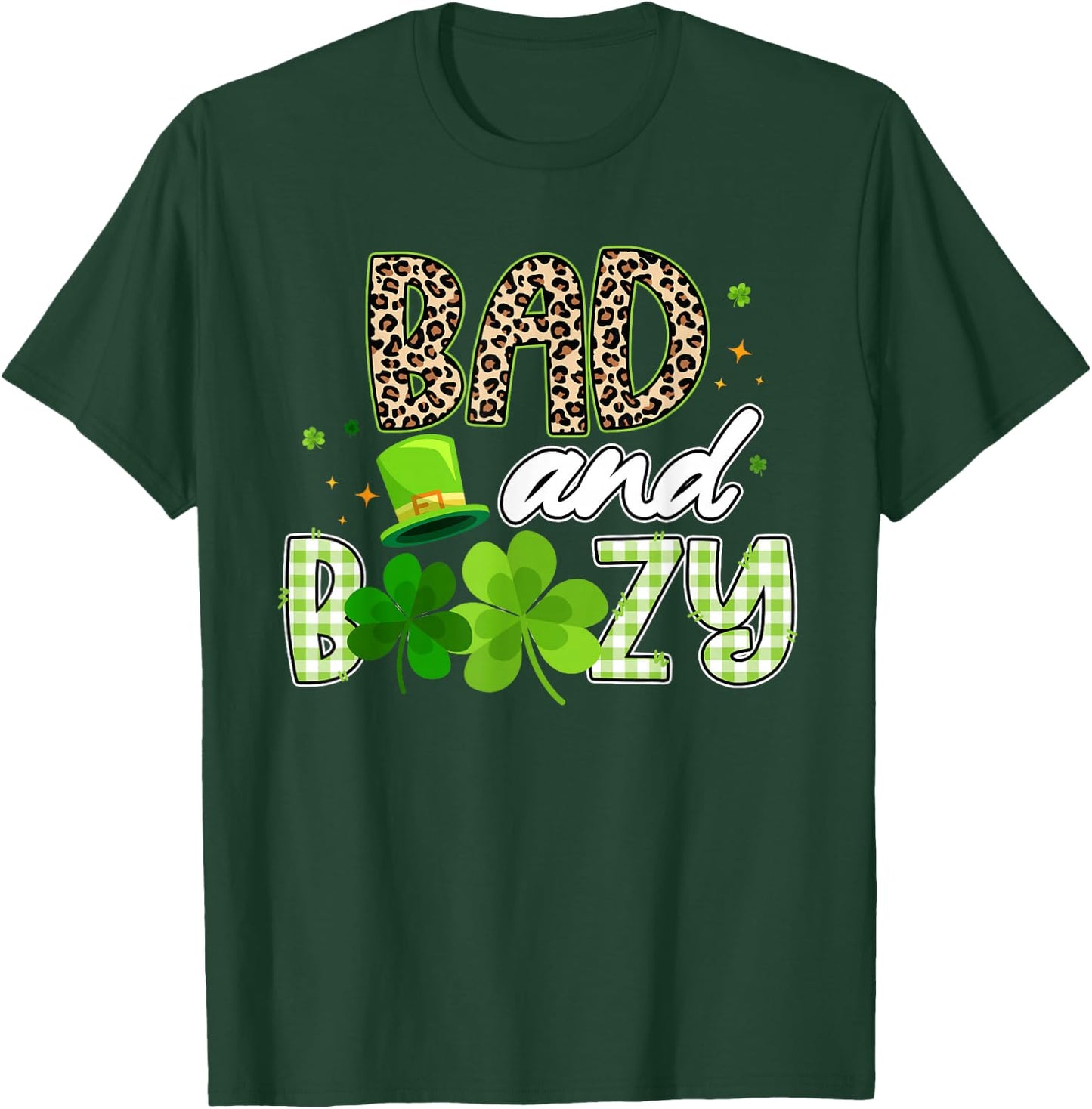 Bad and Boozy Leopard Green Plaid Shamrocks St Patricks Day T-Shirt - T-Shirt | Forest