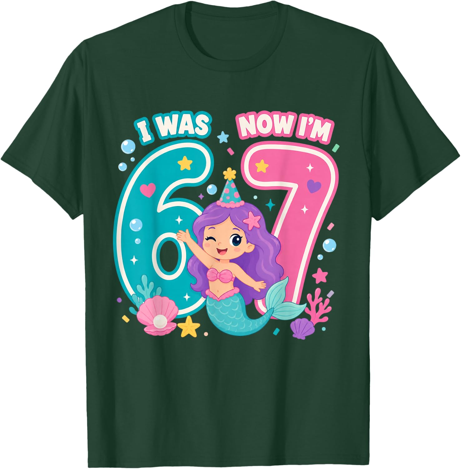 7th Birthday Mermaid Girl I was 6 Now Im 7 Party T-Shirt - T-Shirt | Forest