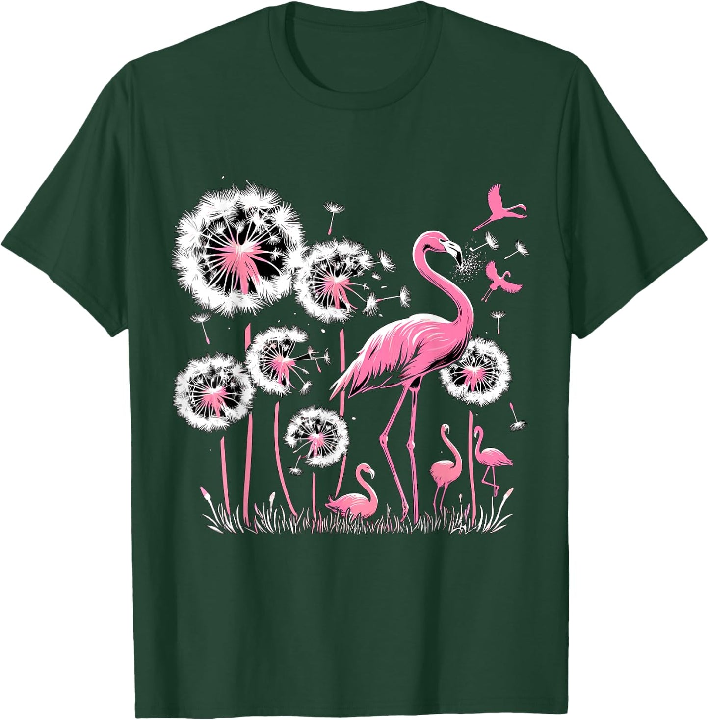 Flamingo and Dandelion Flower , Small, Black T-Shirt - T-Shirt | Forest