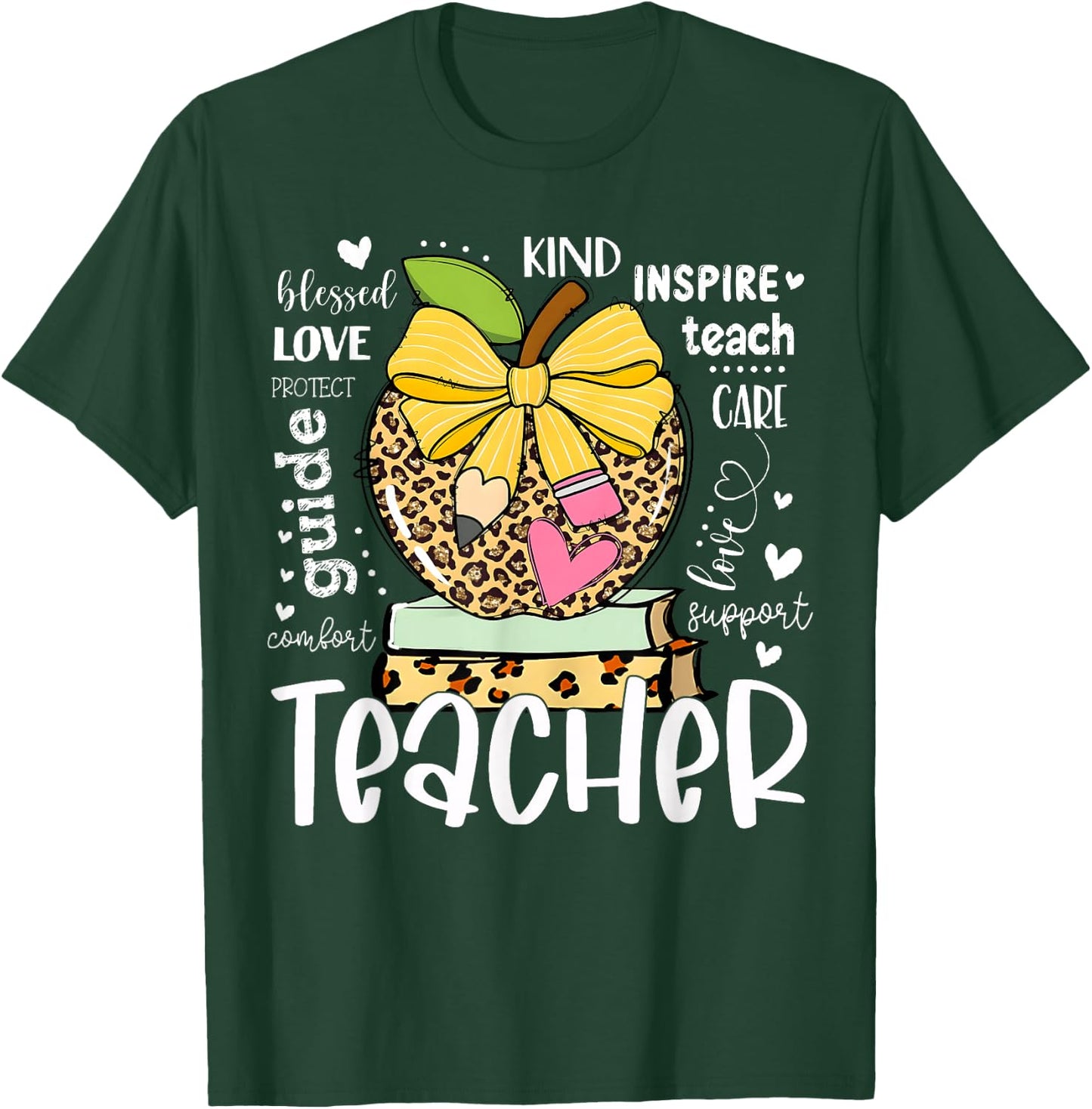 Back to School Teacher Leopard Apple Bow Women Girl T-Shirt - T-Shirt | Forest