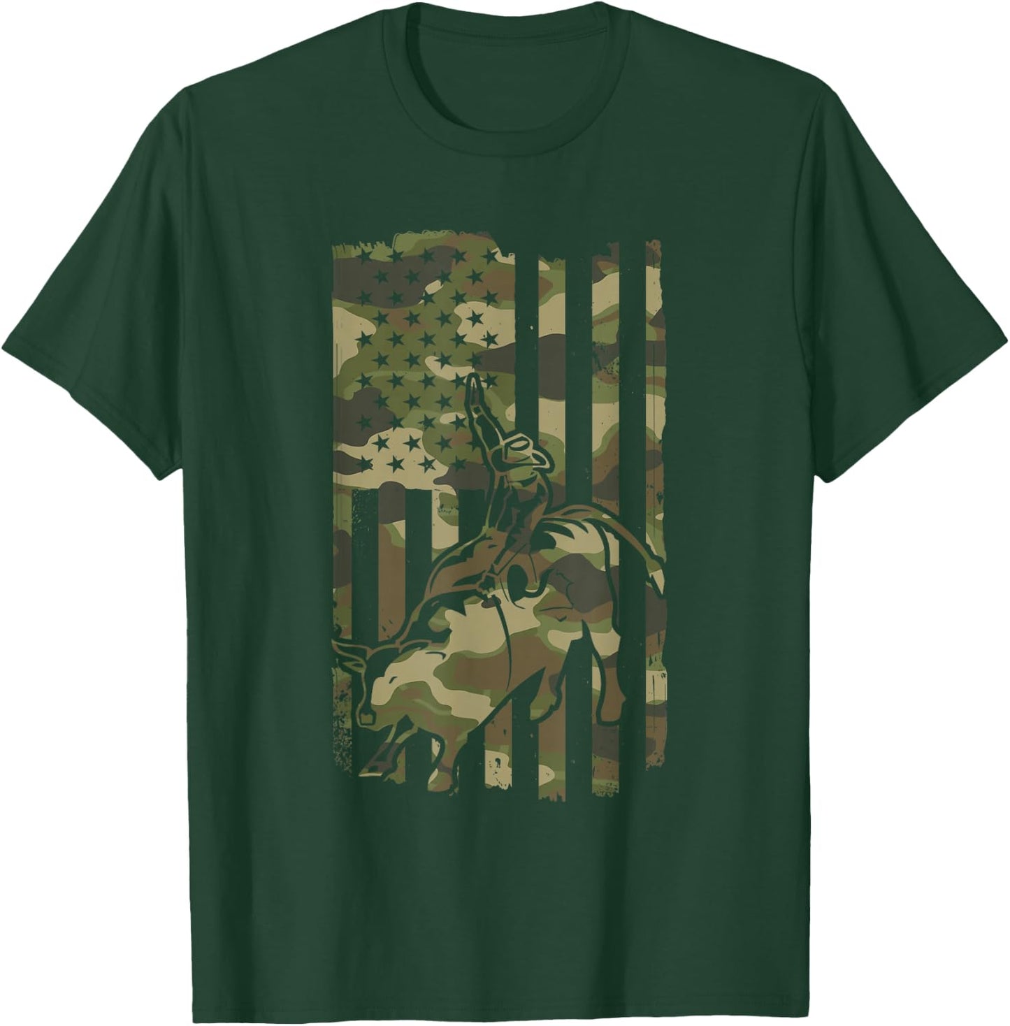 Western Cowboy & Cowgirl Rodeo Bull Riding USA Flag 4th July T-Shirt - T-Shirt | Forest
