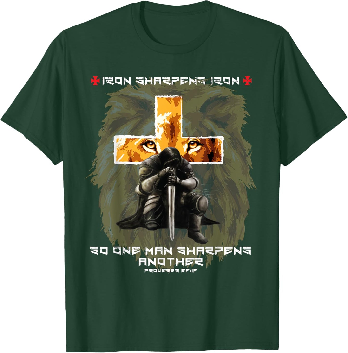 Iron Sharpens Iron Christian Saying Lion Judah Cross Graphic T-Shirt - T-Shirt | Forest