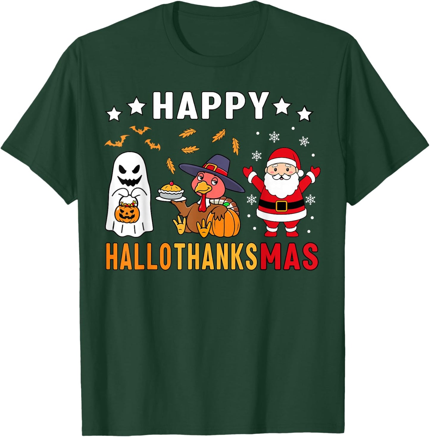 Happy Hallothanksmas Ghost Turkey Pumpkin Christmas Santa T-Shirt - T-Shirt | Forest
