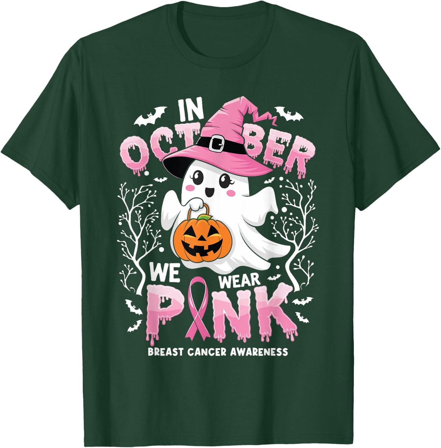 In October We Wear Pink Ghost Witch Breast Cancer Awareness T-Shirt - T-Shirt | Forest