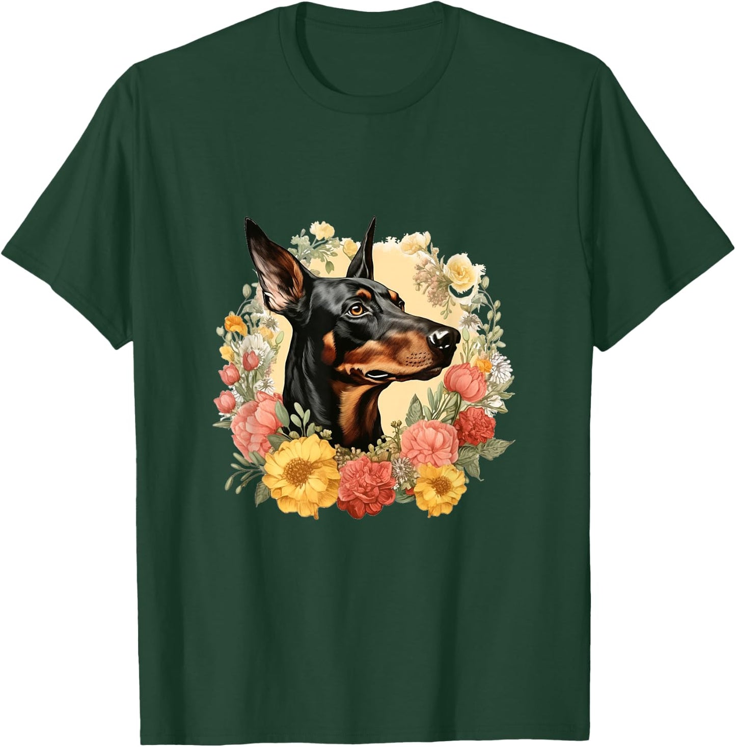 Doberman Pinscher Dog With Flowers Vintage Floral Border T-Shirt - T-Shirt | Forest