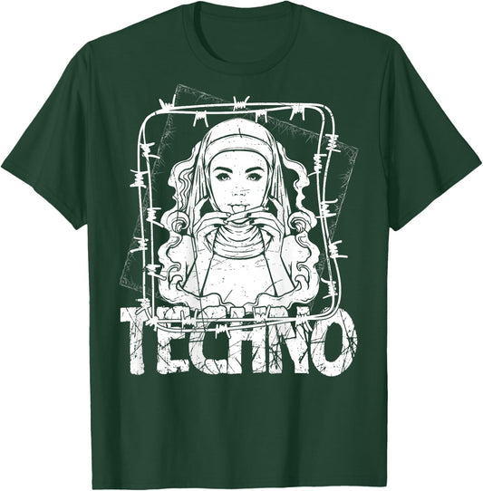 BACKPRINT Techno Merch Rave Kleidung 200 BPM Techno Nonne T-Shirt - T-Shirt | Forest