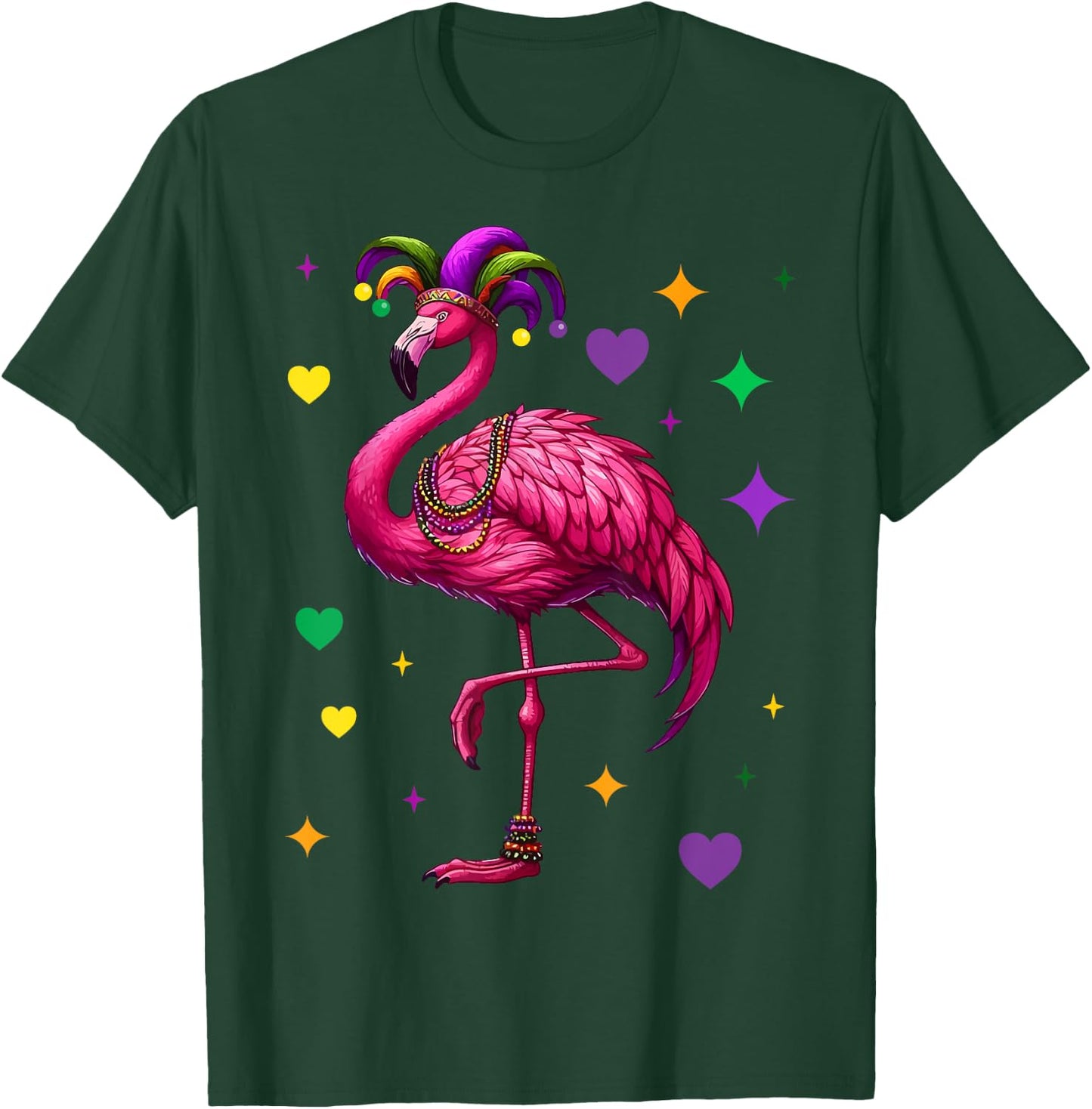 Flamingo Wearing Jester Hat Mardi Gras Fun T-Shirt - T-Shirt | Forest
