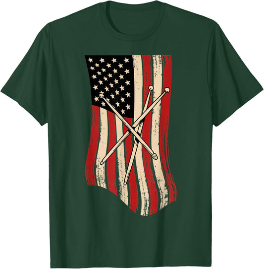 Patriotic Drumsticks American Flag Design for Drummers T-Shirt - T-Shirt | Forest