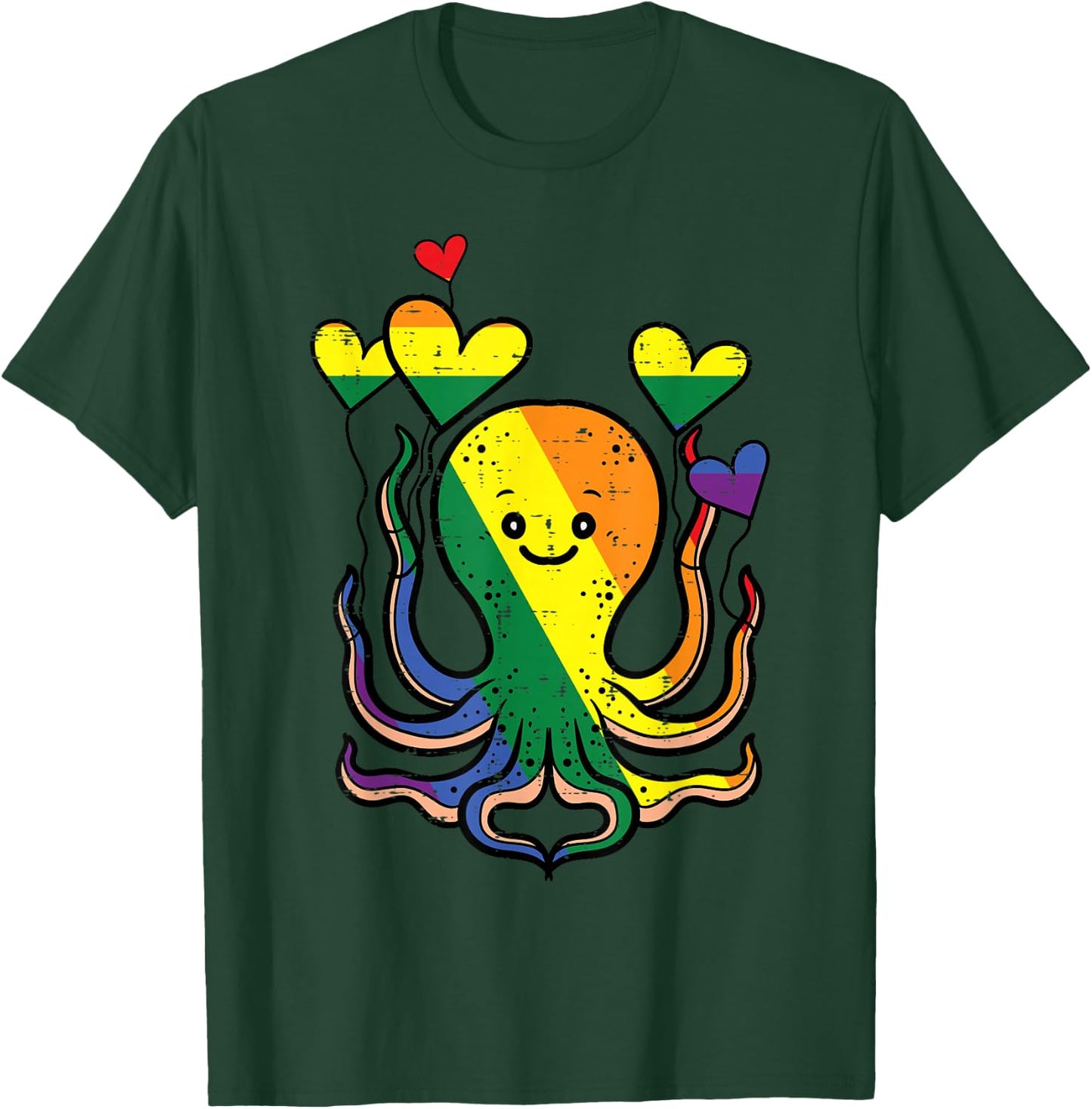 Gay Pride Octopus Hearts Rainbow Flag Lgbtq Women Kids Men T-Shirt - T-Shirt | Forest