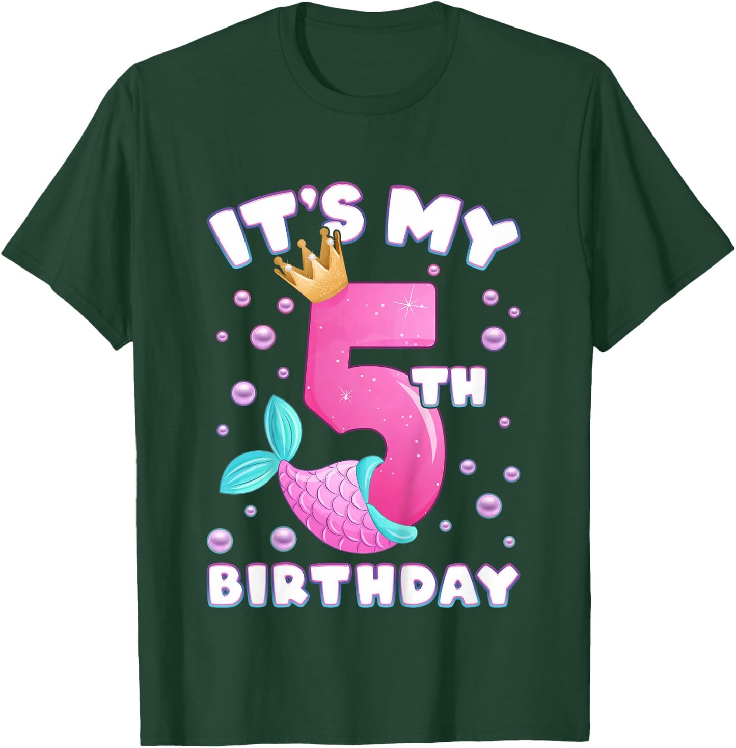 5th Birthday, Girl, Mermaid Fin, Number 5 T-Shirt - T-Shirt | Forest