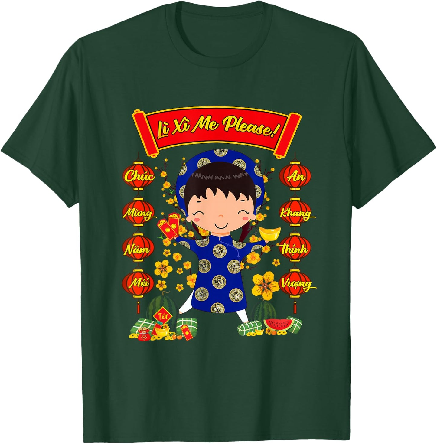 Li Xi Me Please Ao Dai Vietnamese Dress Boys Tet Decorations T-Shirt - T-Shirt | Forest