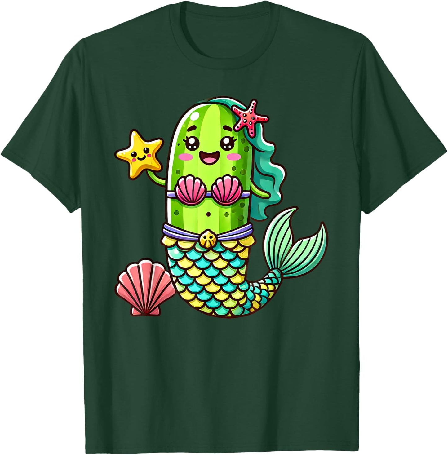 Funny Cucumber Pickle Mermaid Vegan Cute Boys Girls Kids T-Shirt - T-Shirt | Forest