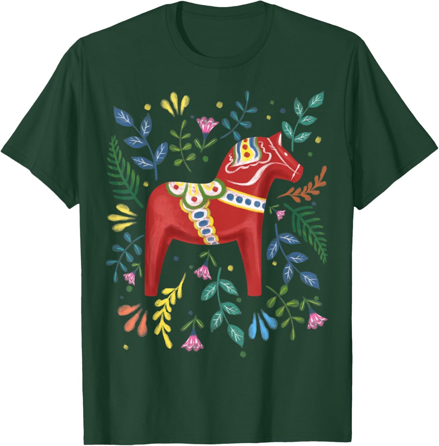 Swedish Dala Horse Folk Art Sweden Flag Dalahelmsoljd , black T-Shirt - T-Shirt | Forest
