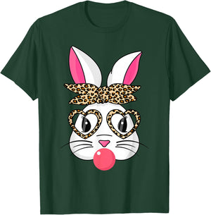 Cute Bunny With Leopard Bandana Heart Glasses Easter Day T-Shirt - T-Shirt | Forest