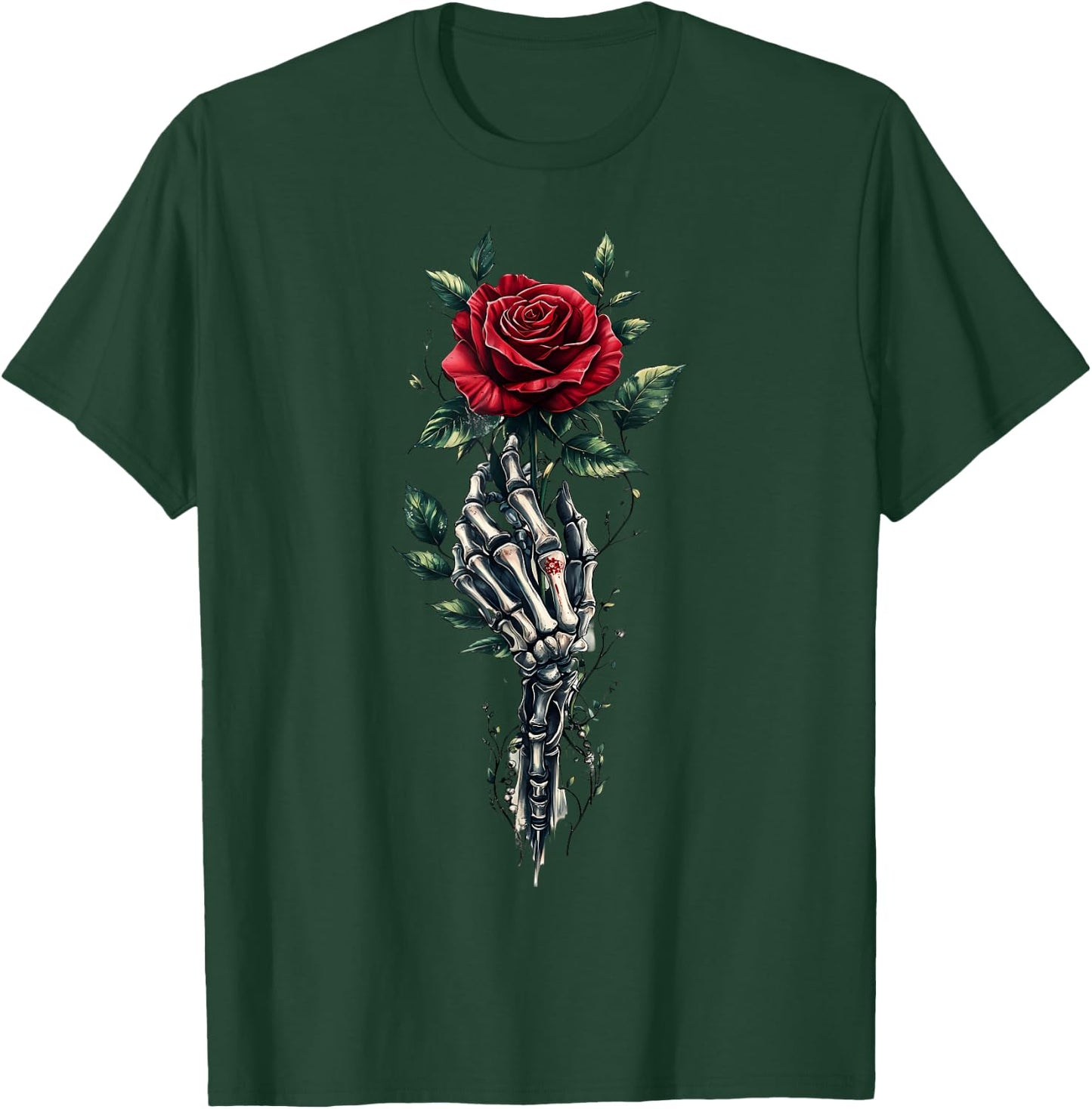 Skeleton Hand Holding Rose Red Rose Flower T-Shirt - T-Shirt | Forest