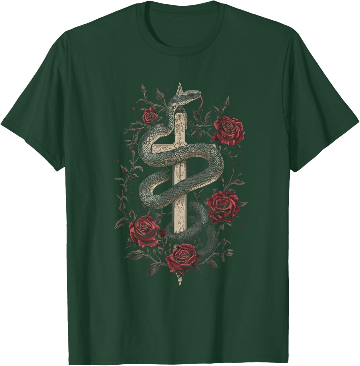 Snakes and Roses Around a Sword - Gothic , Black, S T-Shirt - T-Shirt | Forest