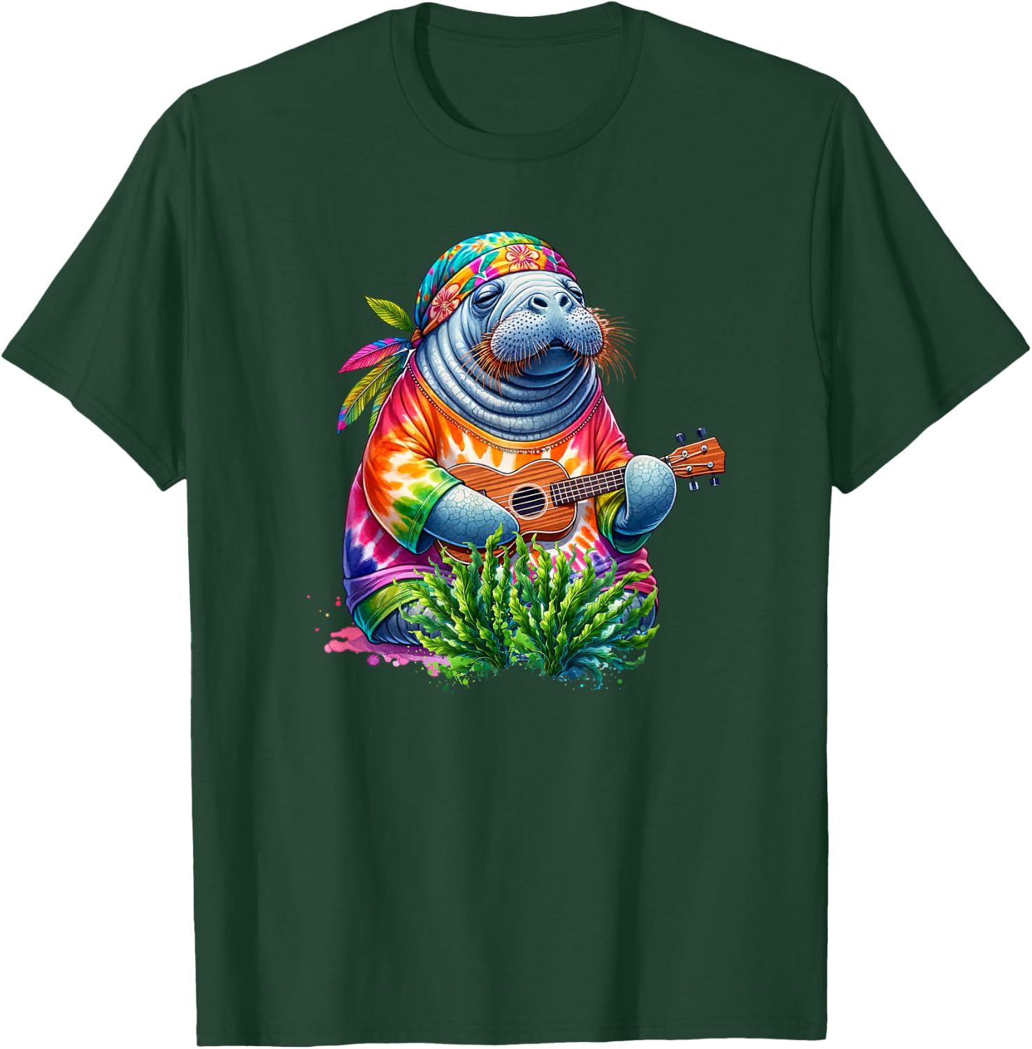 Funny Manatee Wears Hippie Tie Dye Playing Ukulele Uke Life T-Shirt - T-Shirt | Forest