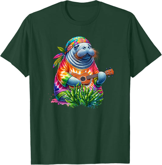 Funny Manatee Wears Hippie Tie Dye Playing Ukulele Uke Life T-Shirt - T-Shirt | Forest