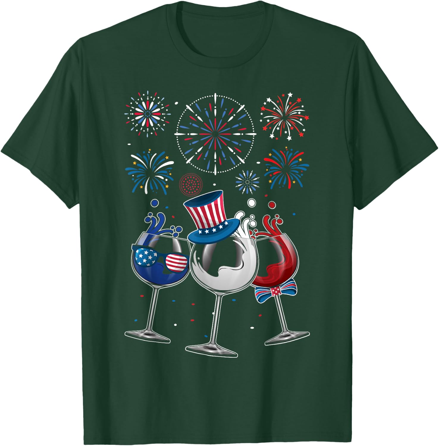 4th of July Red White Blue Wine Glasses Fireworks Patriotic Women Men T-Shirt - T-Shirt | Forest
