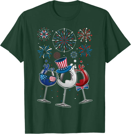 4th of July Red White Blue Wine Glasses Fireworks Patriotic Women Men T-Shirt - T-Shirt | Forest