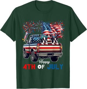 4th Of July Two Cute Boston Terriers On Pickup Truck Flag T-Shirt - T-Shirt | Forest