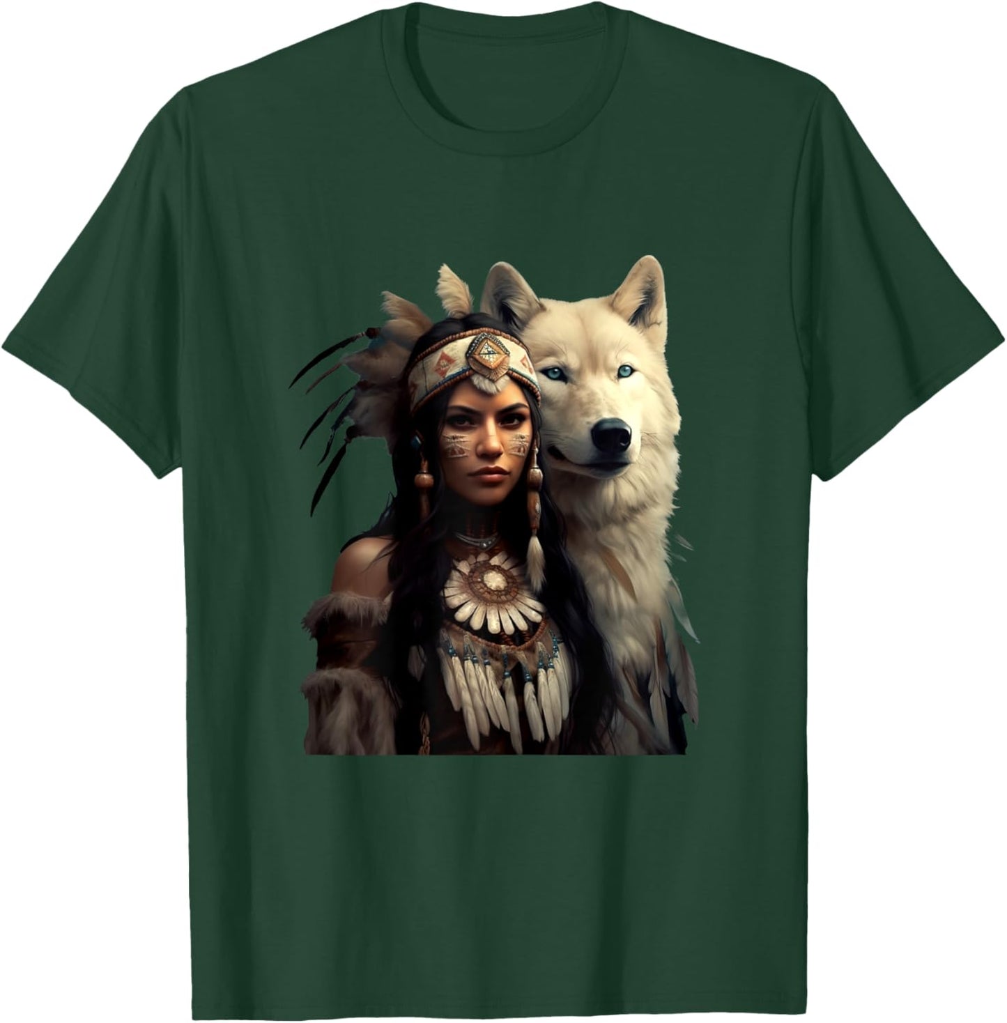 Indian Native American Woman With White Wolf Vintage Gifts T-Shirt - T-Shirt | Forest