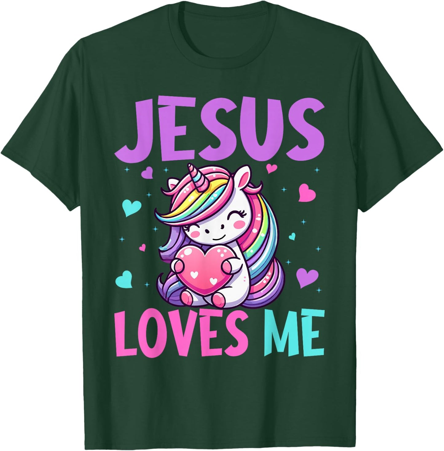Kids Jesus Loves Me Christian Bible Girls Rainbow Unicorn T-Shirt - T-Shirt | Forest