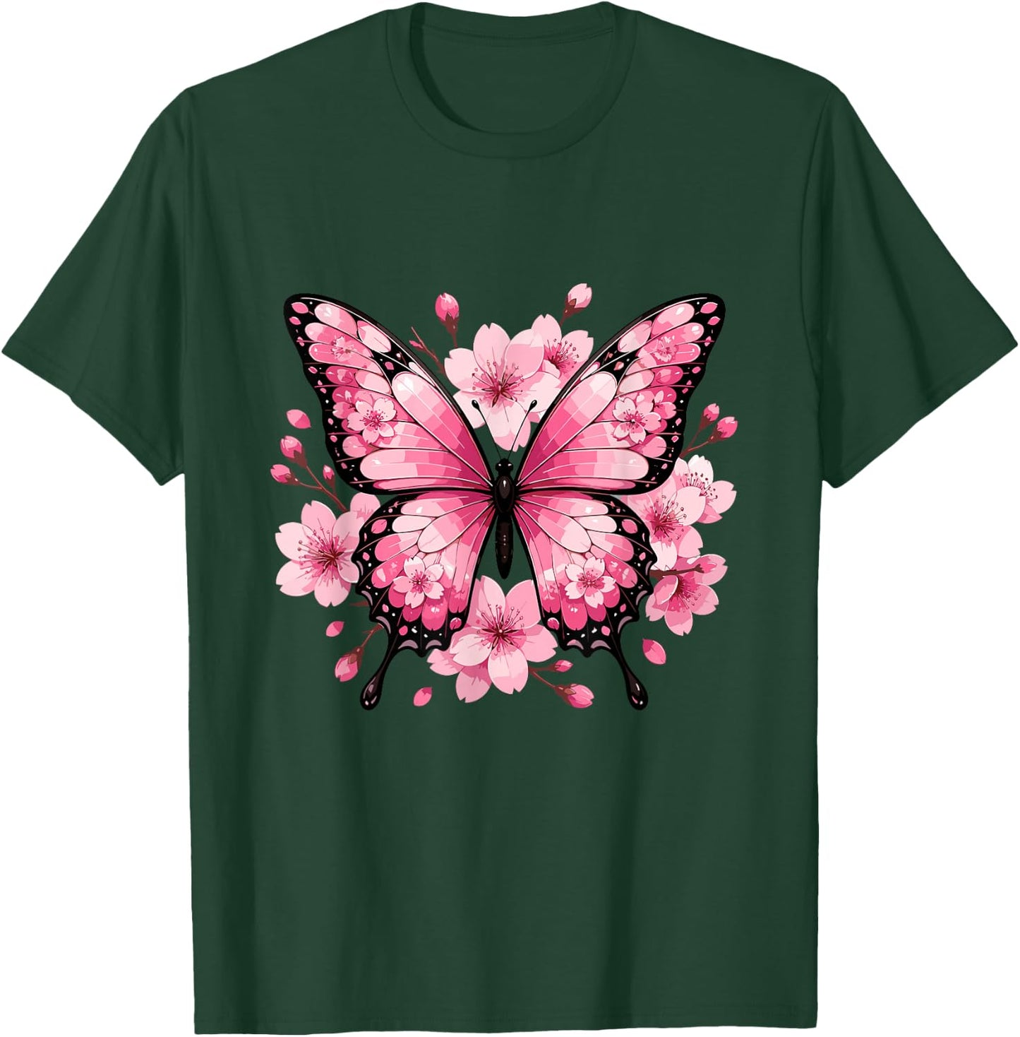 Pink Butterfly with Sakura Cherry Blossom Floral T-Shirt - T-Shirt | Forest
