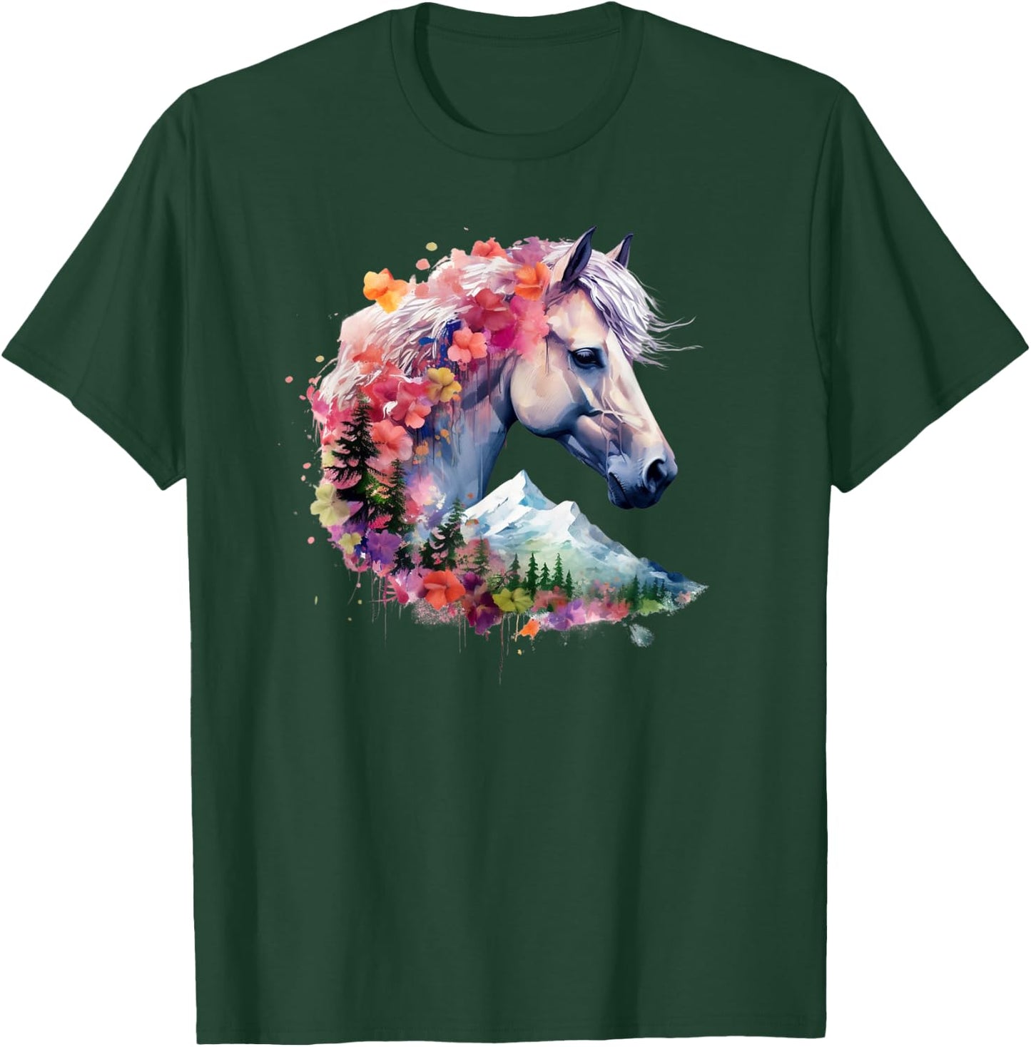 Horse Mane Flower Crown Watercolor Floral Wild Horse T-Shirt - T-Shirt | Forest