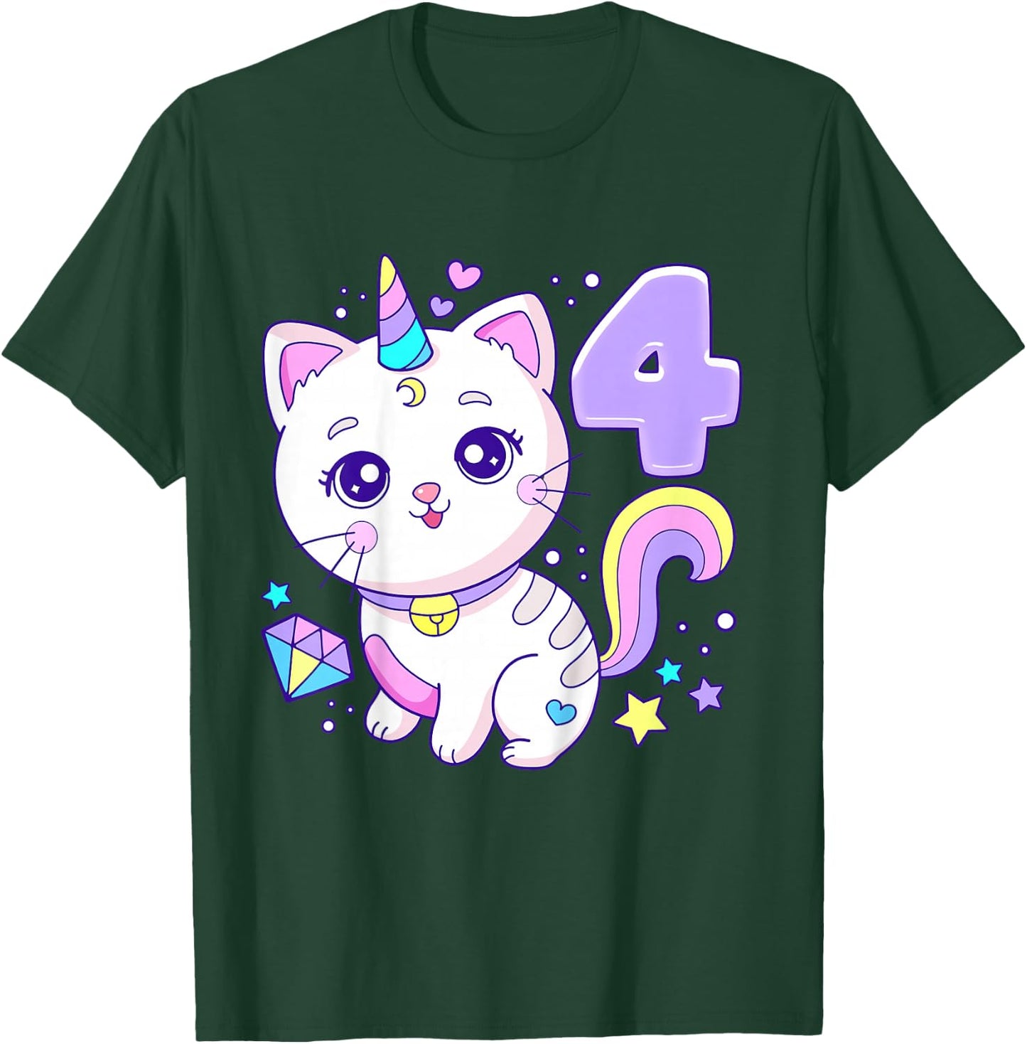 Birthday girl 4 years old, cat, unicorn, 4th birthday T-Shirt - T-Shirt | Forest
