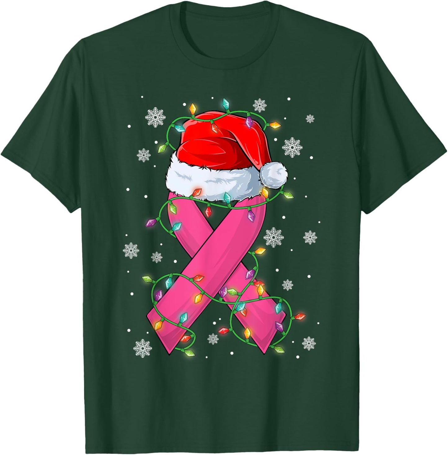 Pink Ribbon Santa Hat Christmas Tree Lights Breast Cancer T-Shirt - T-Shirt | Forest