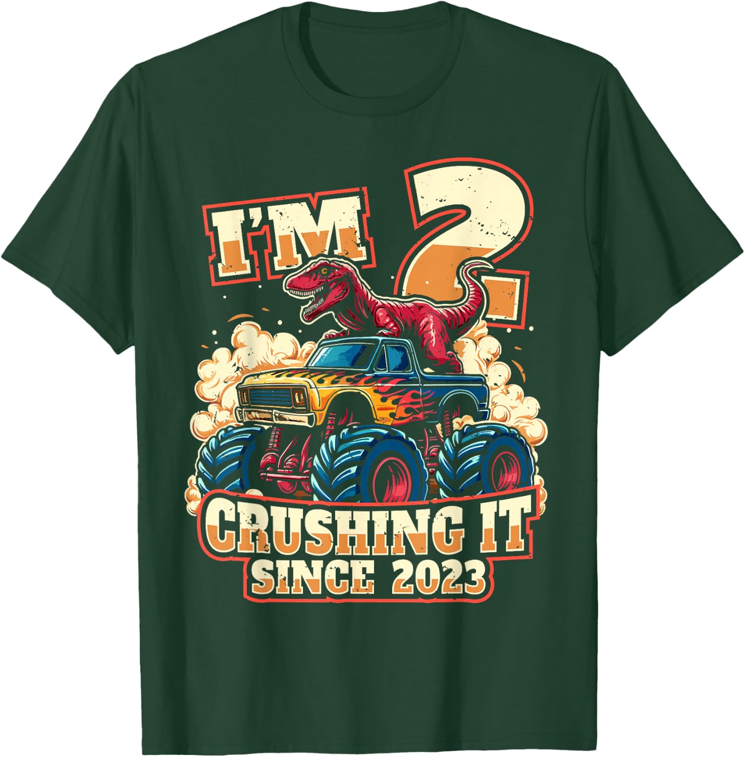 2nd Birthday Dinosaur Monster Truck - Crushing It Since 2023 T-Shirt - T-Shirt | Forest