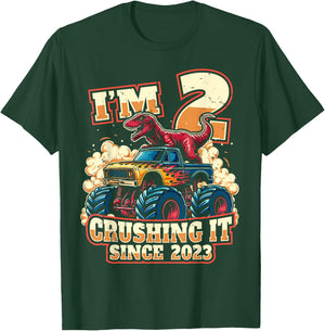 2nd Birthday Dinosaur Monster Truck - Crushing It Since 2023 T-Shirt - T-Shirt | Forest