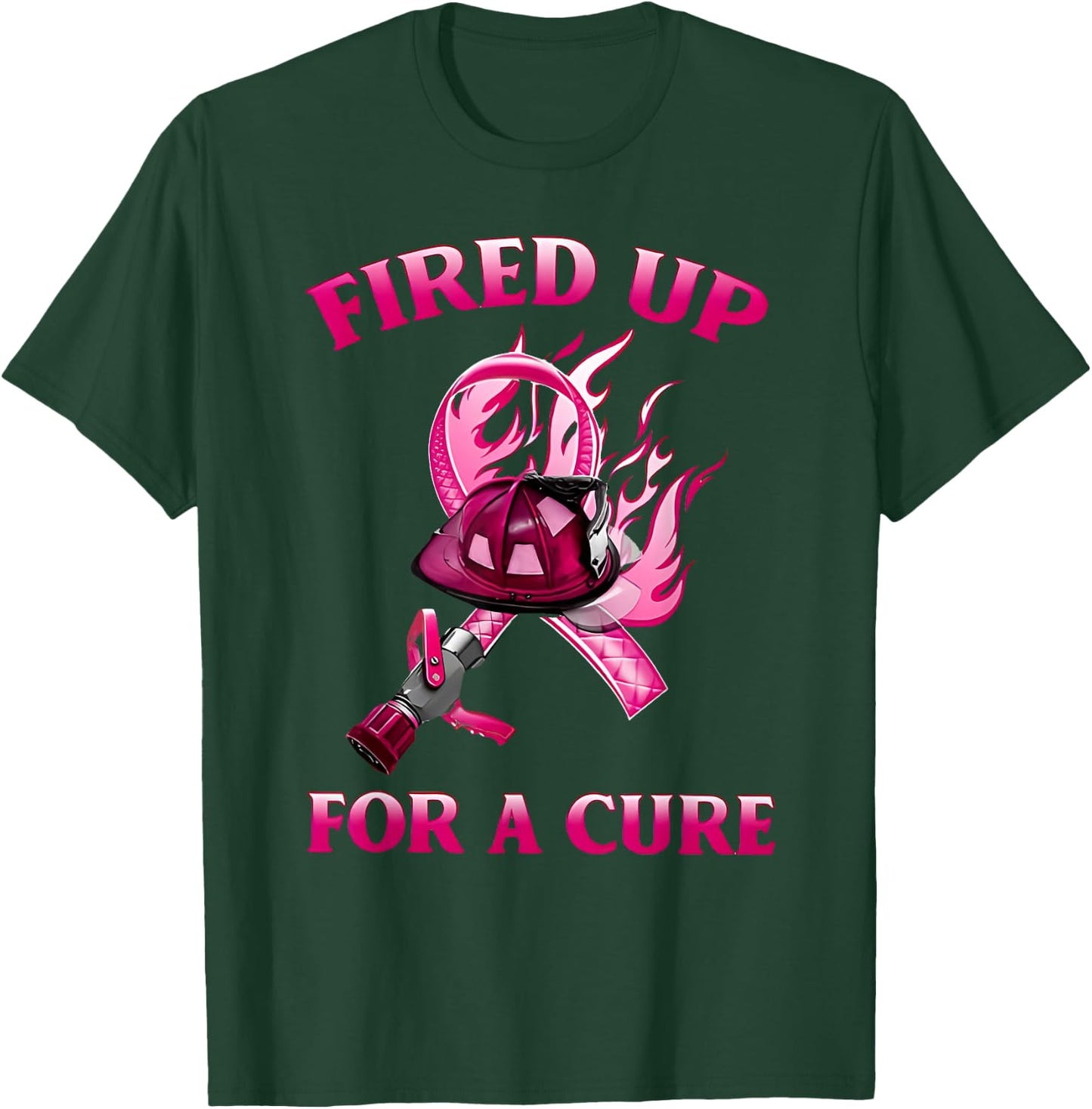 Breast Cancer Fired Up for a Cure Cute Pink Ribbon Fireman T-Shirt - T-Shirt | Forest