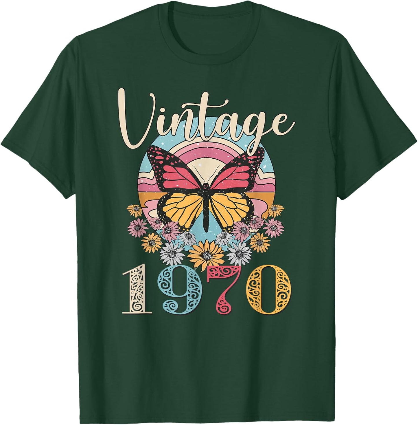 Vintage 52th 1970 Butterfly Floral Birthday Women Mom Gifts T-Shirt - T-Shirt | Forest