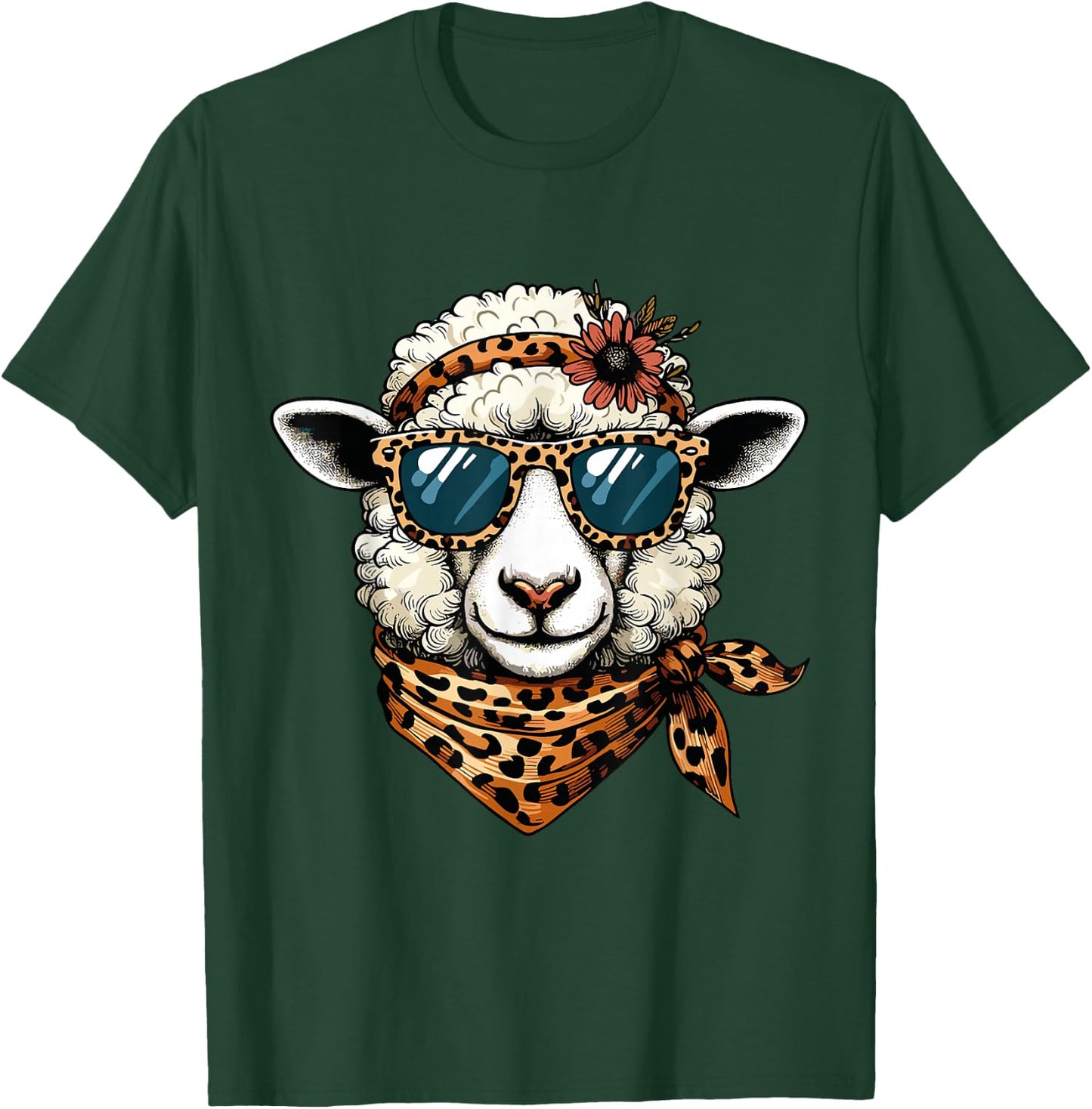 Lamb Sheep Wearing Leopard Scarf Animal Sunglasses T-Shirt - T-Shirt | Forest