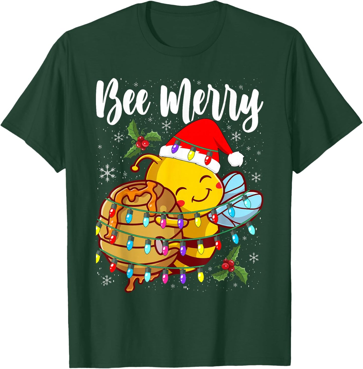 Bee Wears Santa Hat Xmas Lights T-Shirt - T-Shirt | Forest