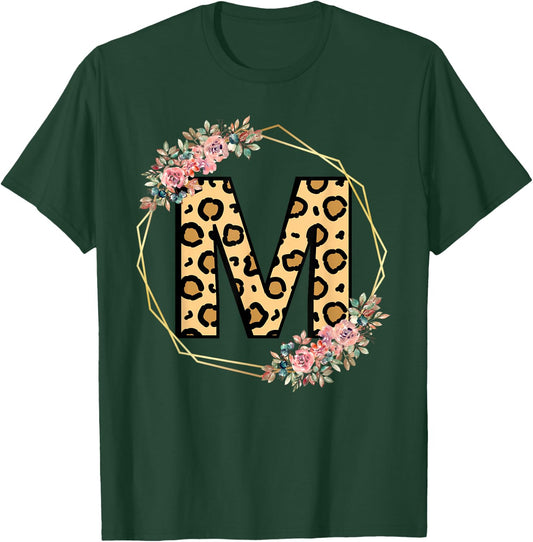 Leopard Letter M Initial Flower Monogram Girls T-Shirt - T-Shirt | Forest